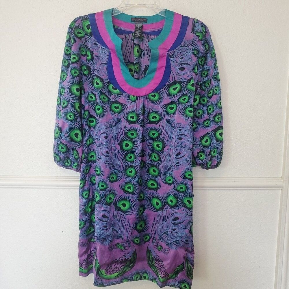 Custo Barcelona Women Purple Peacock Feather Print Tunic Dress Split Neck Sz XS